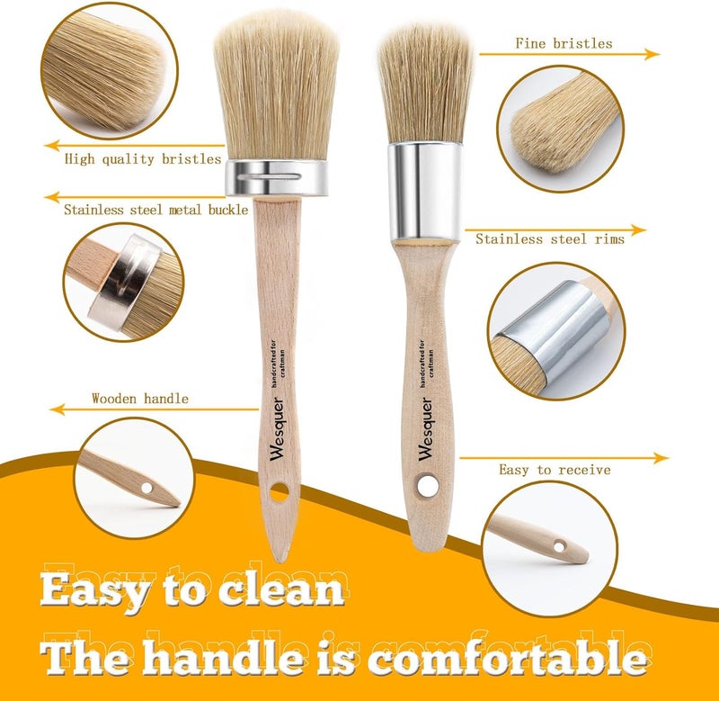 Wesquer 2Pack Chalk Paint Brush Set, 2 Inch & 1.4 Inch Round Natural Bristles Brushes for Chalk Paint Wax, Milk Paint, Varnish, Stencil Brushes, Furniture Paint Brush - Image 3